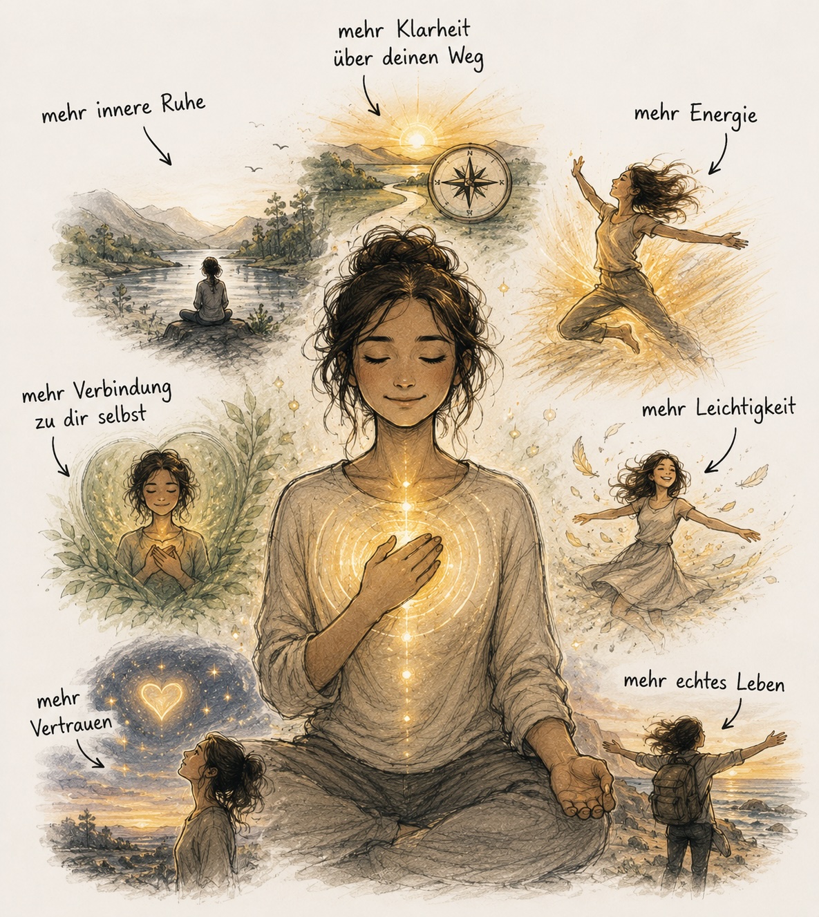 Illustration: ein Mensch, der in seine Mitte zur&uuml;ckgekehrt ist &ndash; mehr innere Ruhe, mehr Verbindung zu dir selbst, mehr Klarheit &uuml;ber deinen Weg, mehr Energie, mehr Leichtigkeit, mehr Vertrauen und mehr echtes Leben.