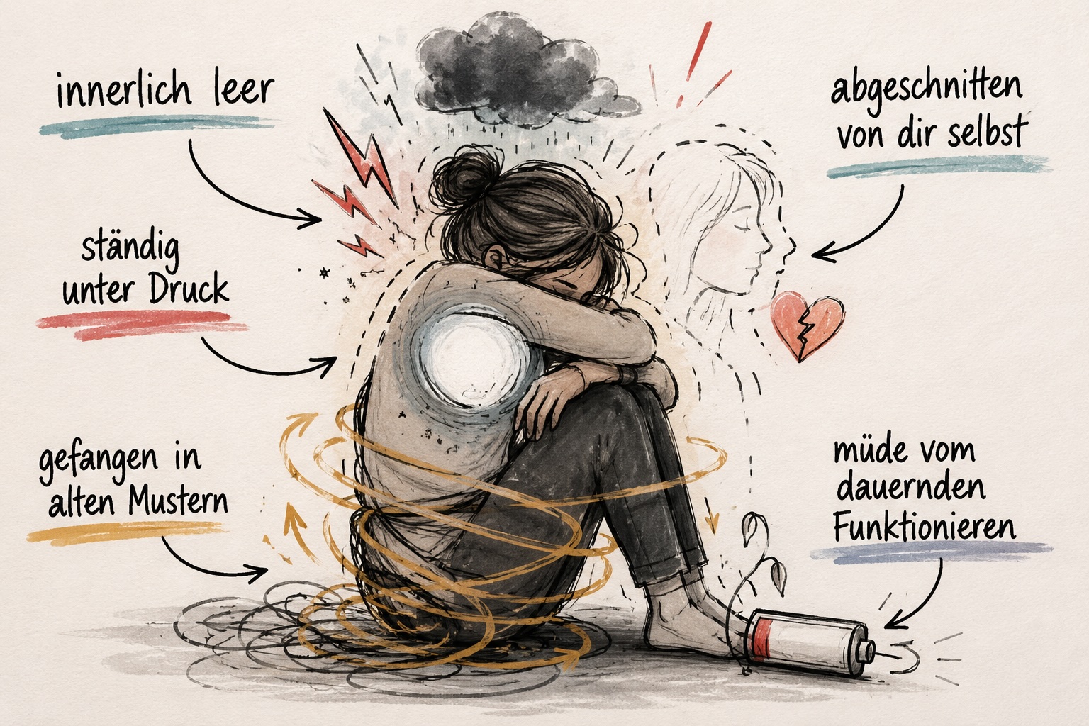 Illustration: ein Mensch, der sich zusammengekauert klein macht &ndash; innerlich leer, st&auml;ndig unter Druck, gefangen in alten Mustern, abgeschnitten von dir selbst und m&uuml;de vom dauernden Funktionieren.